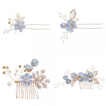 Luxury Blue Flower Hair Combs Headdress Prom Bridal Wedding Hair Accessories Gold Leaves Hair Jewelry Hair Pins