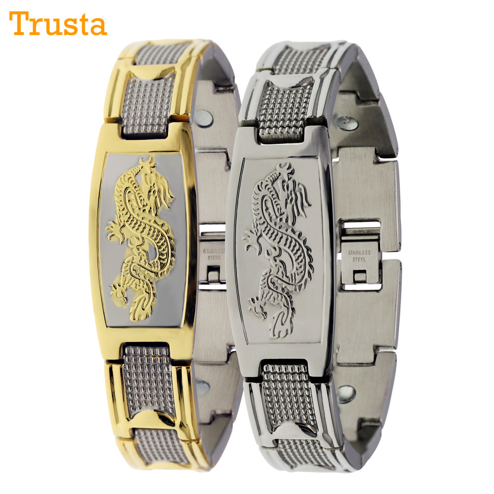 Trusta 2017 Menss Golden Chinese Power Dragon Strong Magnetic Energy Powe Bangle Stainless Steel Bracelet TG4330 Drop Shipping