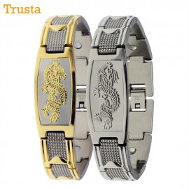 Trusta 2017 Menss Golden Chinese Power Dragon Strong Magnetic Energy Powe Bangle Stainless Steel Bracelet TG4330 Drop Shipping