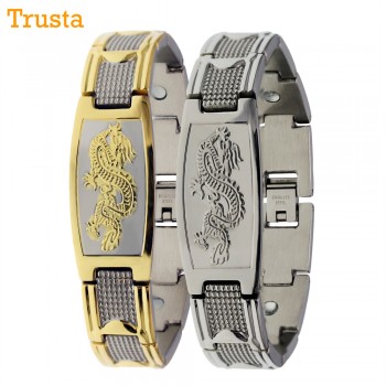 Trusta 2017 Menss Golden Chinese Power Dragon Strong Magnetic Energy Powe Bangle Stainless Steel Bracelet TG4330 Drop Shipping