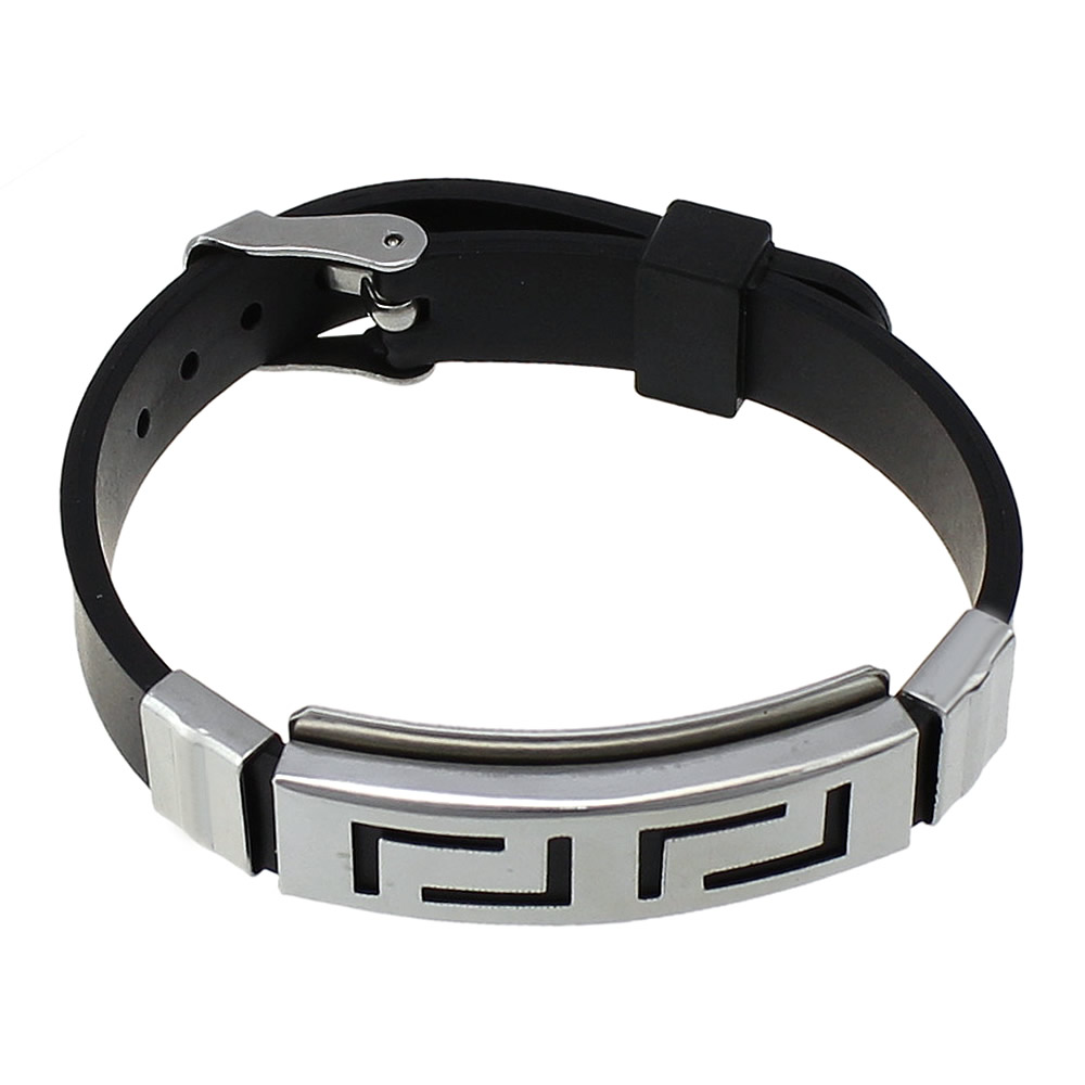 YYW Hot Sale Punk Rock Fashion Black Rubber Silicone Wristband Bracelet ID Charm Stainless Steel Men Silicone Bracelet Bangles