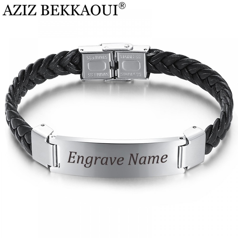 AZIZ BEKKAOUI Width Braided Leather Men Bracelets Engrave Name 316L Stainless Steel Cuff Bracelets Bangles Trendy Male Jewelry