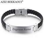 AZIZ BEKKAOUI Width Braided Leather Men Bracelets Engrave Name 316L Stainless Steel Cuff Bracelets Bangles Trendy Male Jewelry