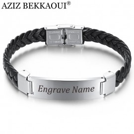 AZIZ BEKKAOUI Width Braided Leather Men Bracelets Engrave Name 316L Stainless Steel Cuff Bracelets Bangles Trendy Male Jewelry