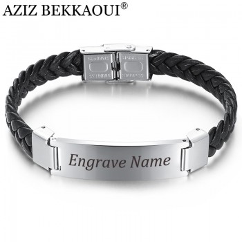 AZIZ BEKKAOUI Width Braided Leather Men Bracelets Engrave Name 316L Stainless Steel Cuff Bracelets Bangles Trendy Male Jewelry
