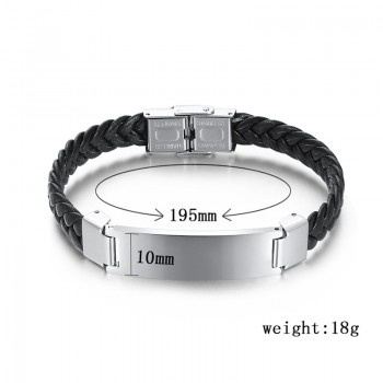AZIZ BEKKAOUI Width Braided Leather Men Bracelets Engrave Name 316L Stainless Steel Cuff Bracelets Bangles Trendy Male Jewelry