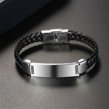 AZIZ BEKKAOUI Width Braided Leather Men Bracelets Engrave Name 316L Stainless Steel Cuff Bracelets Bangles Trendy Male Jewelry