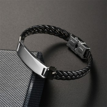 AZIZ BEKKAOUI Width Braided Leather Men Bracelets Engrave Name 316L Stainless Steel Cuff Bracelets Bangles Trendy Male Jewelry