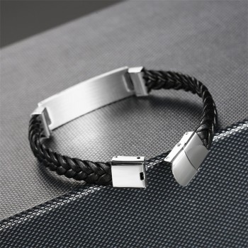 AZIZ BEKKAOUI Width Braided Leather Men Bracelets Engrave Name 316L Stainless Steel Cuff Bracelets Bangles Trendy Male Jewelry