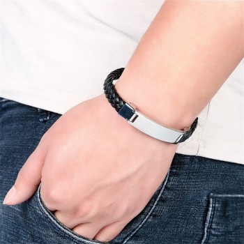 AZIZ BEKKAOUI Width Braided Leather Men Bracelets Engrave Name 316L Stainless Steel Cuff Bracelets Bangles Trendy Male Jewelry