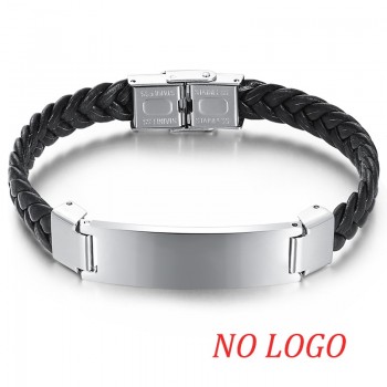 AZIZ BEKKAOUI Width Braided Leather Men Bracelets Engrave Name 316L Stainless Steel Cuff Bracelets Bangles Trendy Male Jewelry