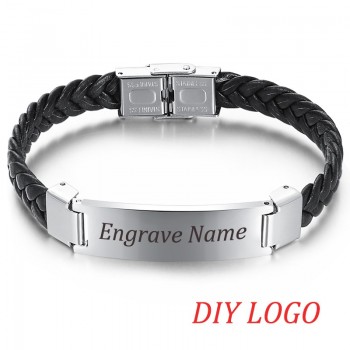 AZIZ BEKKAOUI Width Braided Leather Men Bracelets Engrave Name 316L Stainless Steel Cuff Bracelets Bangles Trendy Male Jewelry