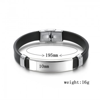 AZIZ BEKKAOUI Silicone Engrave Name Leather Bracelet for Men DIY Black Stainless Steel Bracelets Fashion Jewelry Dropshipping