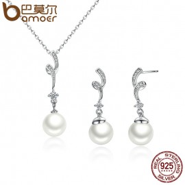 BAMOER Popular Elegant 925 Sterling Silver White Pearl Jewelry Set for Women Pendant Necklace amp; Earrings SCN048+SCE035
