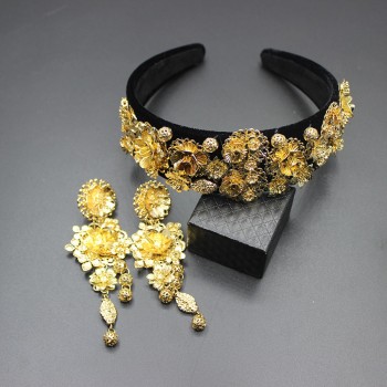 Wild geometric metal headband European and American retro Baroque gold flower headdress earrings hoop  629