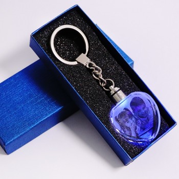 Colorful Crystal Key Chain Photo LED Light Keychain Fashion Luminated Keyring Heart Shaped Glass Picture DIY Baby Souvenir Gift