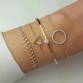 4 Pcs/Set Boho Inlay Crystal Leaves Triangle Round Geometric Chain Gold Multilayer Bracelet Women Exquisite Clothing Accessories