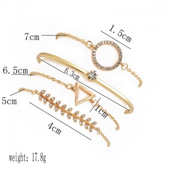 4 Pcs/Set Boho Inlay Crystal Leaves Triangle Round Geometric Chain Gold Multilayer Bracelet Women Exquisite Clothing Accessories