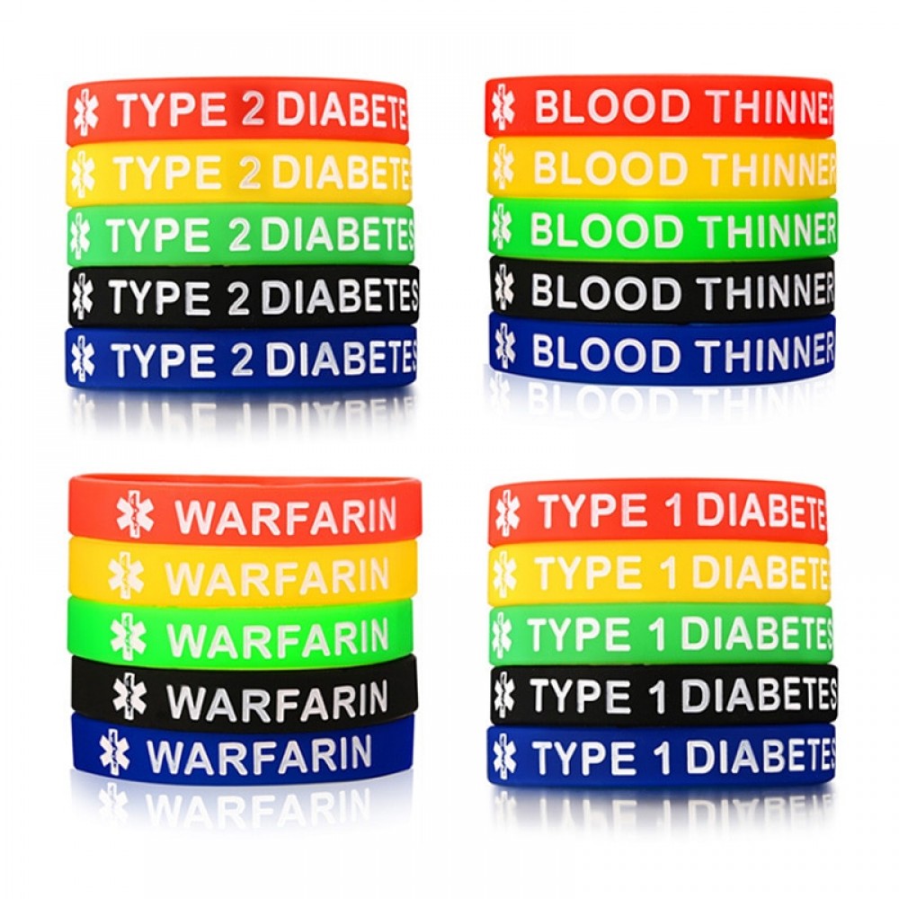 TYPE 1 DIABETES/TYPE 2 DIABETES/BLOOD THINNER/WARFARIN Medical Alert Bracelet Men Women 5 Colors One Set Silicone Wrap Bracelet