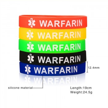 TYPE 1 DIABETES/TYPE 2 DIABETES/BLOOD THINNER/WARFARIN Medical Alert Bracelet Men Women 5 Colors One Set Silicone Wrap Bracelet