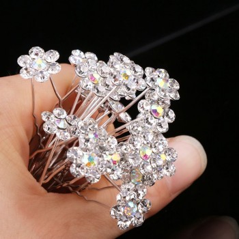 20pcs/set White Flowers Hairpin Stick Wedding Women Bridal Crystal Flowers Hairpin U Shaped Hair Clip Hair Accessories Wholesale