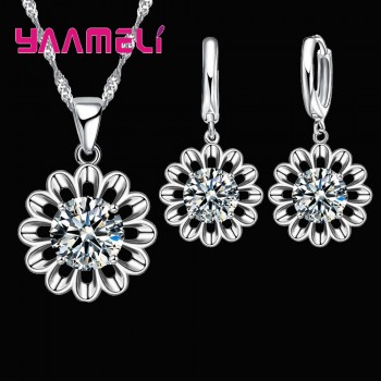 YAAMELI 925 Sterling Silver Wedding Jewelry Set For Women Top Quality Crystal Pendant Necklace Hoop Earring Biggest Promotion