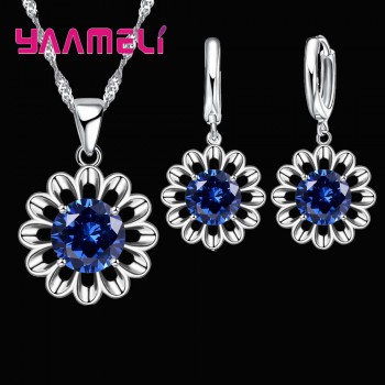 YAAMELI 925 Sterling Silver Wedding Jewelry Set For Women Top Quality Crystal Pendant Necklace Hoop Earring Biggest Promotion