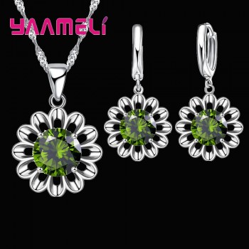 YAAMELI 925 Sterling Silver Wedding Jewelry Set For Women Top Quality Crystal Pendant Necklace Hoop Earring Biggest Promotion