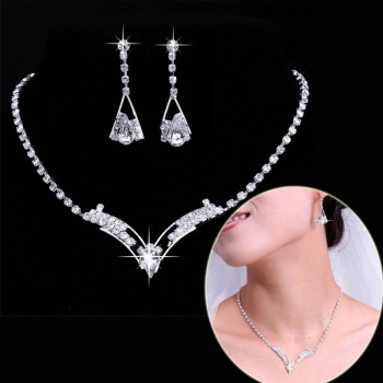 Jewerly Sets Wedding Bridal Set Drop Earring Jewelry Women Sparkling V Shaped Rhinestone Australia Crystal Necklace for Women
