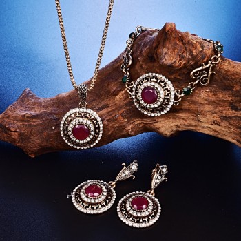 Turkish Crystal Wedding Jewelry Sets For Women Antique Gold Big Round Red/Green Resin Stone Pendant Necklace Earrings Ring Set