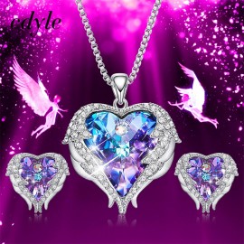 Cdyle Crystals from Swarovski Angel Wings Necklaces Earrings Purple Blue Crystal Heart Pendant Jewelry Set For Women Love Gifts