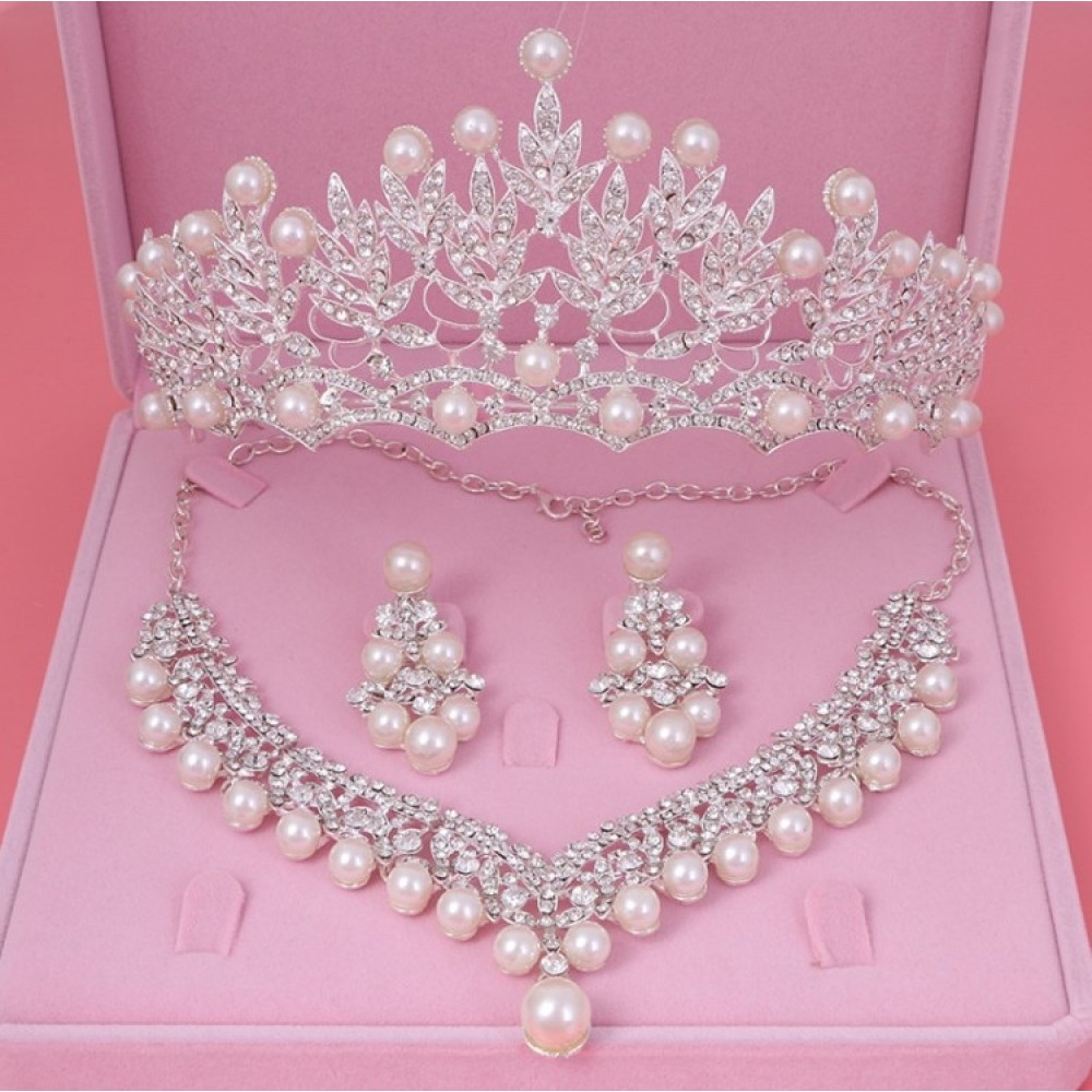 Bride Crystal Pearl Costume jewelery sets New Design Rhinestone Choker Necklace Earrings Tiara Bridal Women Wedding Jewelry Set
