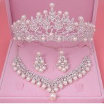 Bride Crystal Pearl Costume jewelery sets New Design Rhinestone Choker Necklace Earrings Tiara Bridal Women Wedding Jewelry Set