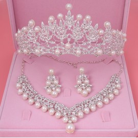 Bride Crystal Pearl Costume jewelery sets New Design Rhinestone Choker Necklace Earrings Tiara Bridal Women Wedding Jewelry Set