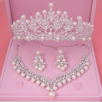 Bride Crystal Pearl Costume jewelery sets New Design Rhinestone Choker Necklace Earrings Tiara Bridal Women Wedding Jewelry Set