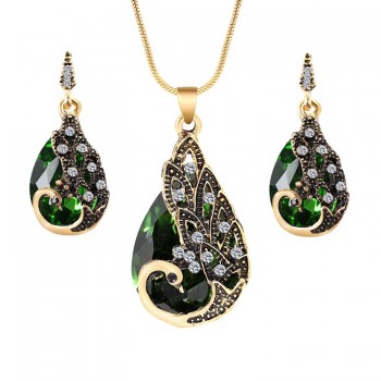 Hesiod New Vintage Women Elegant Peacock Waterdrop Rhinestone Pendant Necklace Earrings Crystal Jewelry Set Wedding Jewlery
