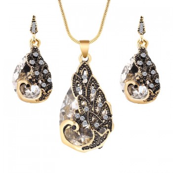 Hesiod New Vintage Women Elegant Peacock Waterdrop Rhinestone Pendant Necklace Earrings Crystal Jewelry Set Wedding Jewlery