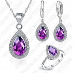 JEXXI Free Ship Purple Jewelry Sets Water Drop Cubic Zirconia CZ Stone 925 Sterling Silver Earrings Necklaces Finger Rings
