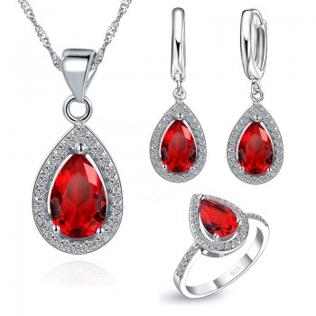 JEXXI Free Ship Purple Jewelry Sets Water Drop Cubic Zirconia CZ Stone 925 Sterling Silver Earrings Necklaces Finger Rings