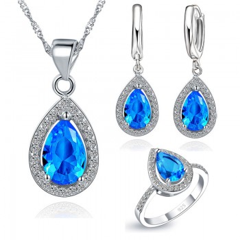 JEXXI Free Ship Purple Jewelry Sets Water Drop Cubic Zirconia CZ Stone 925 Sterling Silver Earrings Necklaces Finger Rings