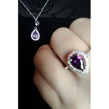 JEXXI Free Ship Purple Jewelry Sets Water Drop Cubic Zirconia CZ Stone 925 Sterling Silver Earrings Necklaces Finger Rings