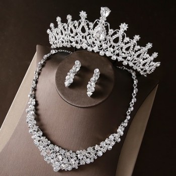 Hot Sale Noble Crystal Bridal Jewelry Sets Hotsale Silver Fashion Wedding Jewelry Tiara Necklace Earrings for Brides Bridesmaids