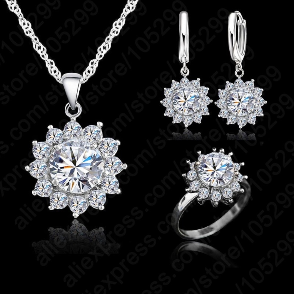 Giemi New Fashion SunFlower Cubic Zirconia 925 Sterling Silver Wedding Jewelry Sets Earrings Pendant Necklace Rings Size 6-9