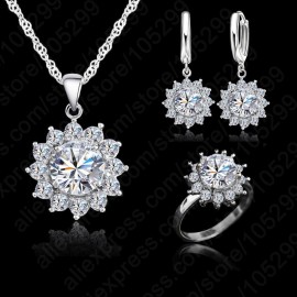 Giemi New Fashion SunFlower Cubic Zirconia 925 Sterling Silver Wedding Jewelry Sets Earrings Pendant Necklace Rings Size 6-9