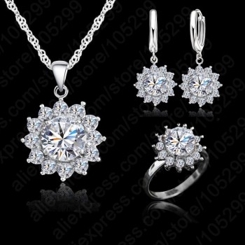 Giemi New Fashion SunFlower Cubic Zirconia 925 Sterling Silver Wedding Jewelry Sets Earrings Pendant Necklace Rings Size 6-9