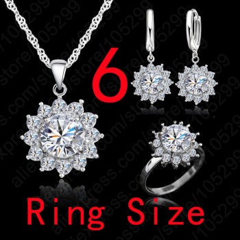 Giemi New Fashion SunFlower Cubic Zirconia 925 Sterling Silver Wedding Jewelry Sets Earrings Pendant Necklace Rings Size 6-9