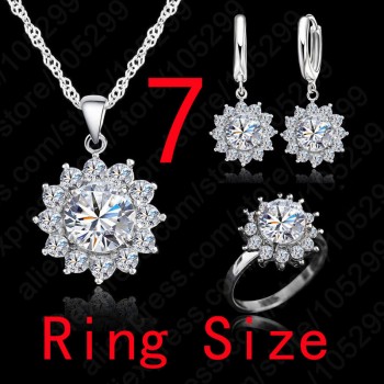 Giemi New Fashion SunFlower Cubic Zirconia 925 Sterling Silver Wedding Jewelry Sets Earrings Pendant Necklace Rings Size 6-9