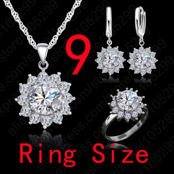 Giemi New Fashion SunFlower Cubic Zirconia 925 Sterling Silver Wedding Jewelry Sets Earrings Pendant Necklace Rings Size 6-9