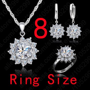 Giemi New Fashion SunFlower Cubic Zirconia 925 Sterling Silver Wedding Jewelry Sets Earrings Pendant Necklace Rings Size 6-9