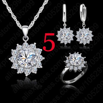 Giemi New Fashion SunFlower Cubic Zirconia 925 Sterling Silver Wedding Jewelry Sets Earrings Pendant Necklace Rings Size 6-9